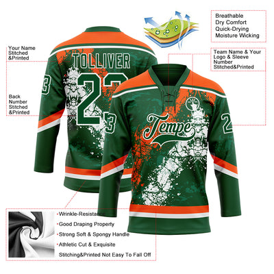 Custom Green Orange-White 3D Splash Art Hockey Lace Neck Jersey