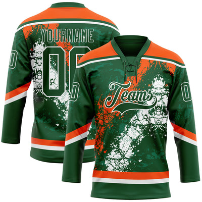 Custom Green Orange-White 3D Splash Art Hockey Lace Neck Jersey