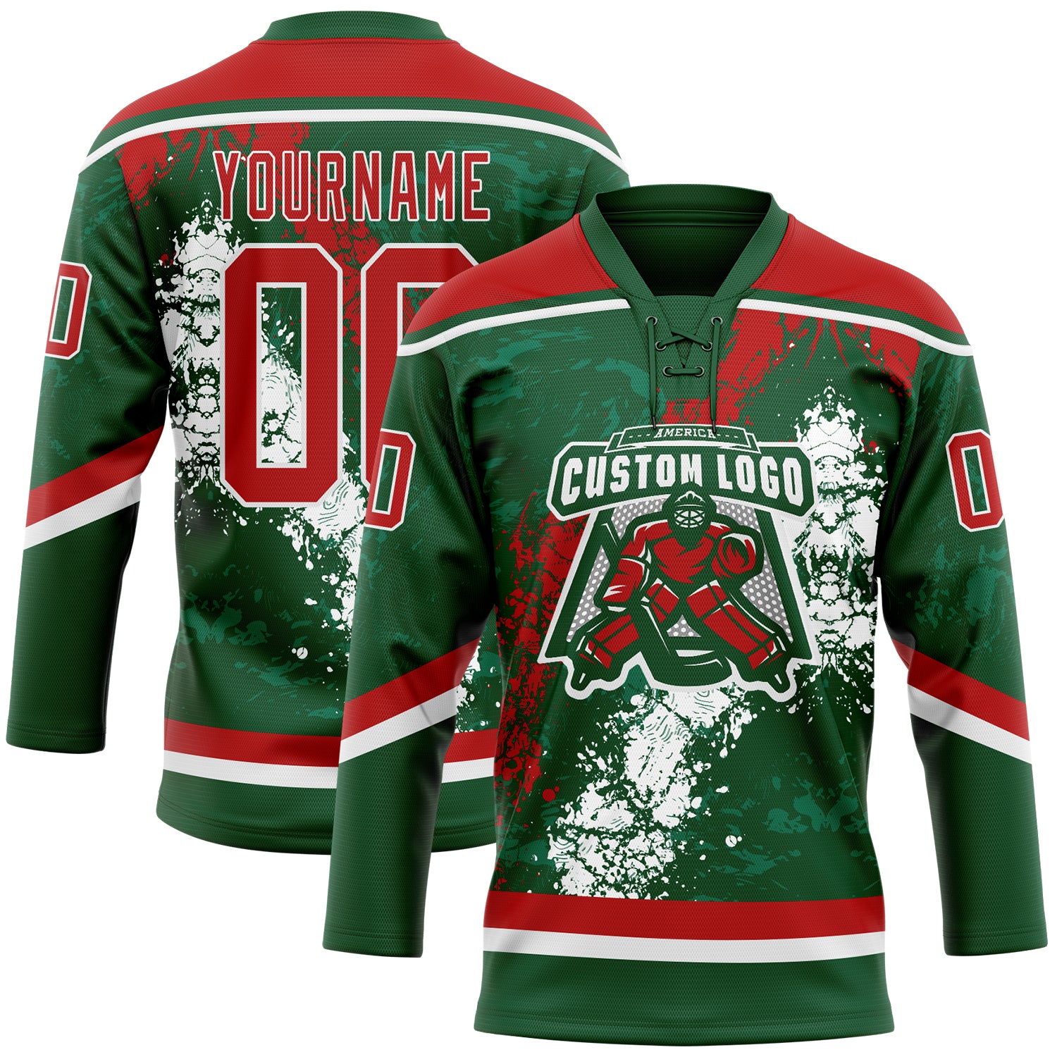 Custom Green Red-White 3D Splash Art Hockey Lace Neck Jersey