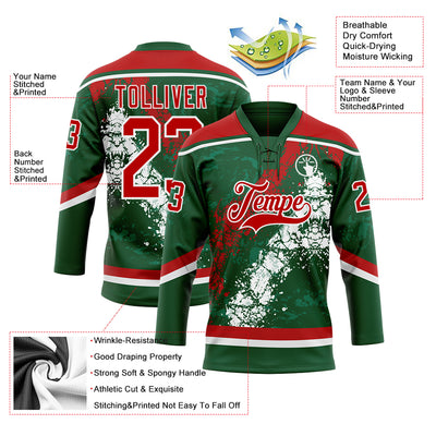 Custom Green Red-White 3D Splash Art Hockey Lace Neck Jersey