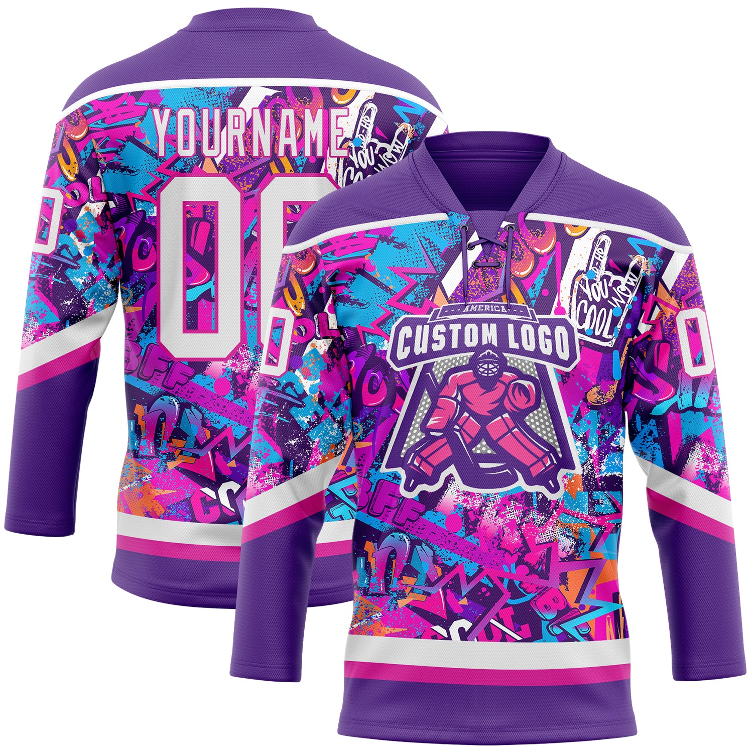 Custom Graffiti Pattern White Purple-Deep Pink 3D Pattern Scratch Hockey Lace Neck Jersey