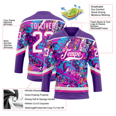 Custom Graffiti Pattern White Purple-Deep Pink 3D Pattern Scratch Hockey Lace Neck Jersey