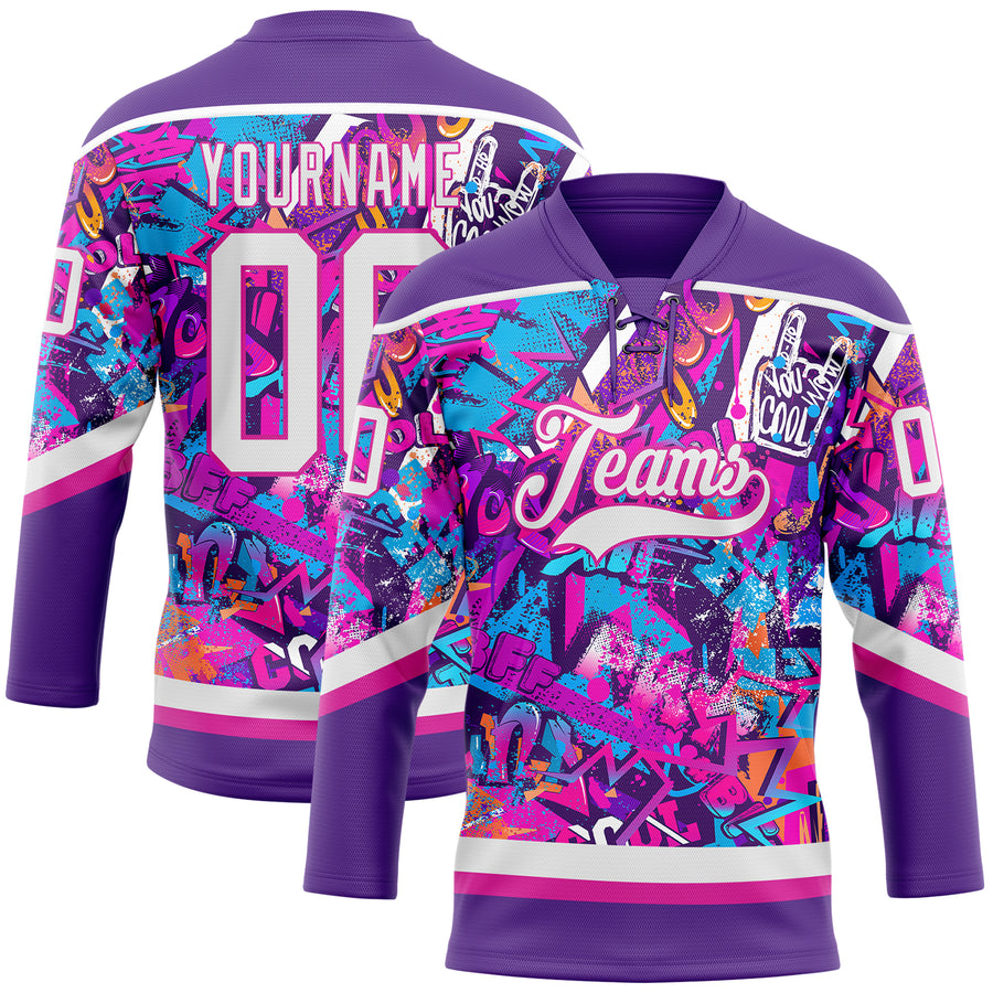 Custom Graffiti Pattern White Purple-Deep Pink 3D Pattern Scratch Hockey Lace Neck Jersey