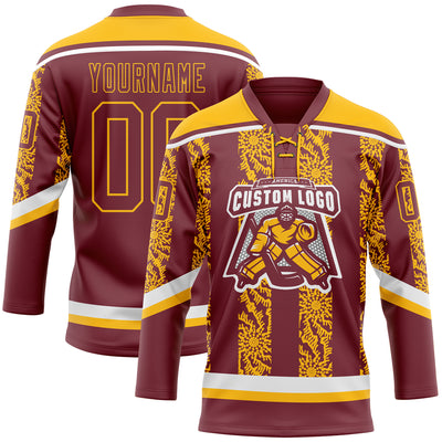 Custom Burgundy Gold-White 3D Pattern Abstract Shape Hockey Lace Neck Jersey