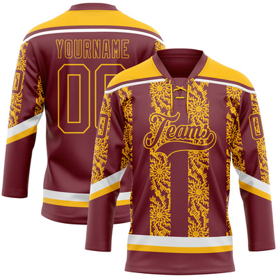 Custom Burgundy Gold-White 3D Pattern Abstract Shape Hockey Lace Neck Jersey