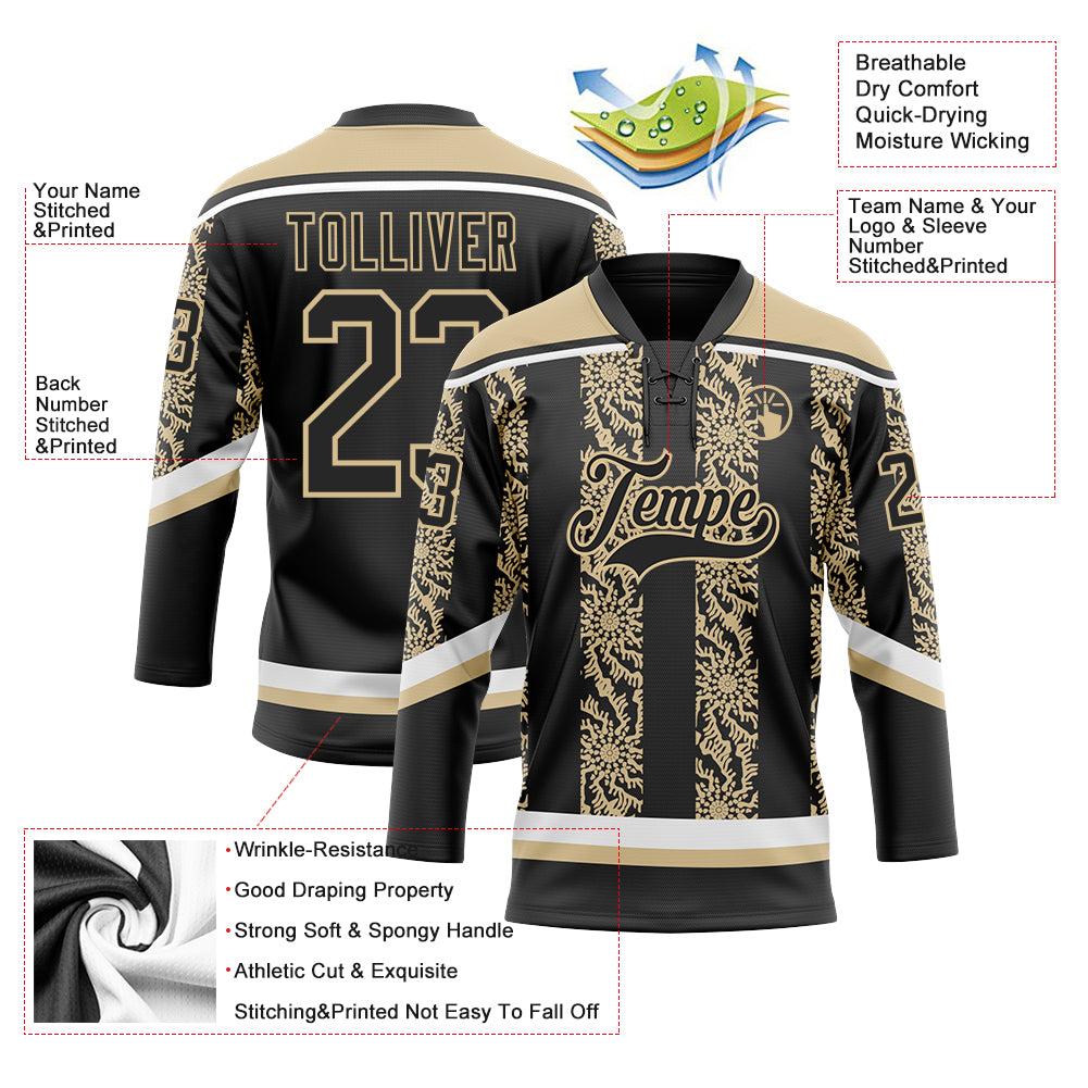 Custom Black Vegas Gold-White 3D Pattern Abstract Shape Hockey Lace Neck Jersey