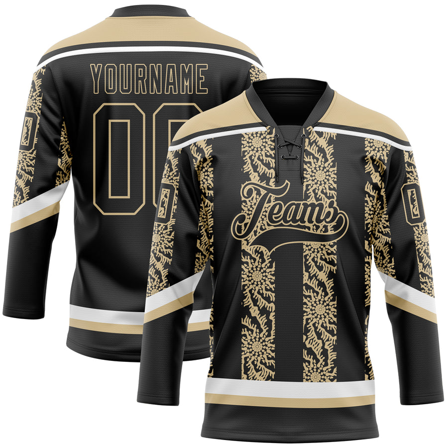 Custom Black Vegas Gold-White 3D Pattern Abstract Shape Hockey Lace Neck Jersey