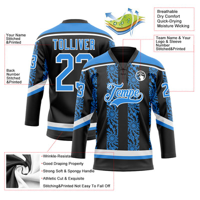 Custom Black Powder Blue-White 3D Pattern Abstract Shape Hockey Lace Neck Jersey