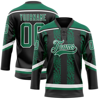 Custom Black Kelly Green-White 3D Pattern Abstract Shape Hockey Lace Neck Jersey