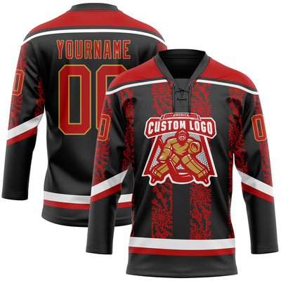 Custom Black Red Old Gold-White 3D Pattern Abstract Shape Hockey Lace Neck Jersey