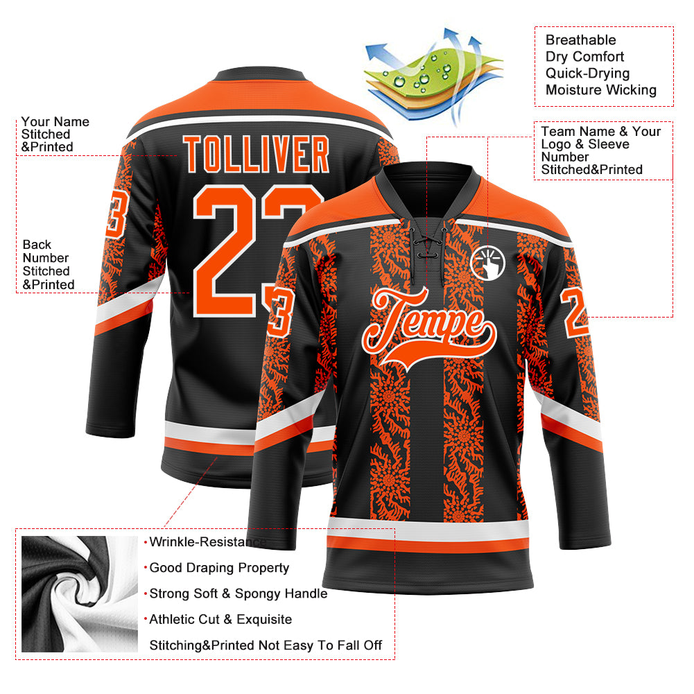 Custom Black Orange-White 3D Pattern Abstract Shape Hockey Lace Neck Jersey