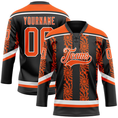 Custom Black Orange-White 3D Pattern Abstract Shape Hockey Lace Neck Jersey