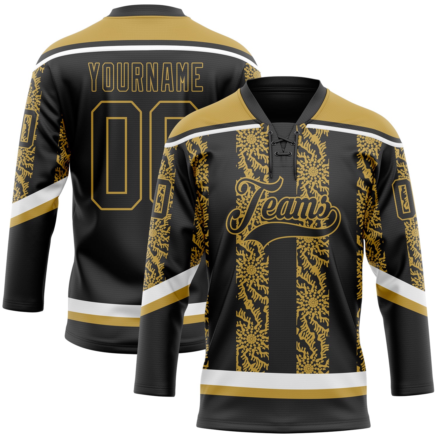 Custom Black Old Gold-White 3D Pattern Abstract Shape Hockey Lace Neck Jersey