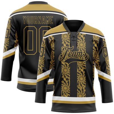 Custom Black Old Gold-White 3D Pattern Abstract Shape Hockey Lace Neck Jersey