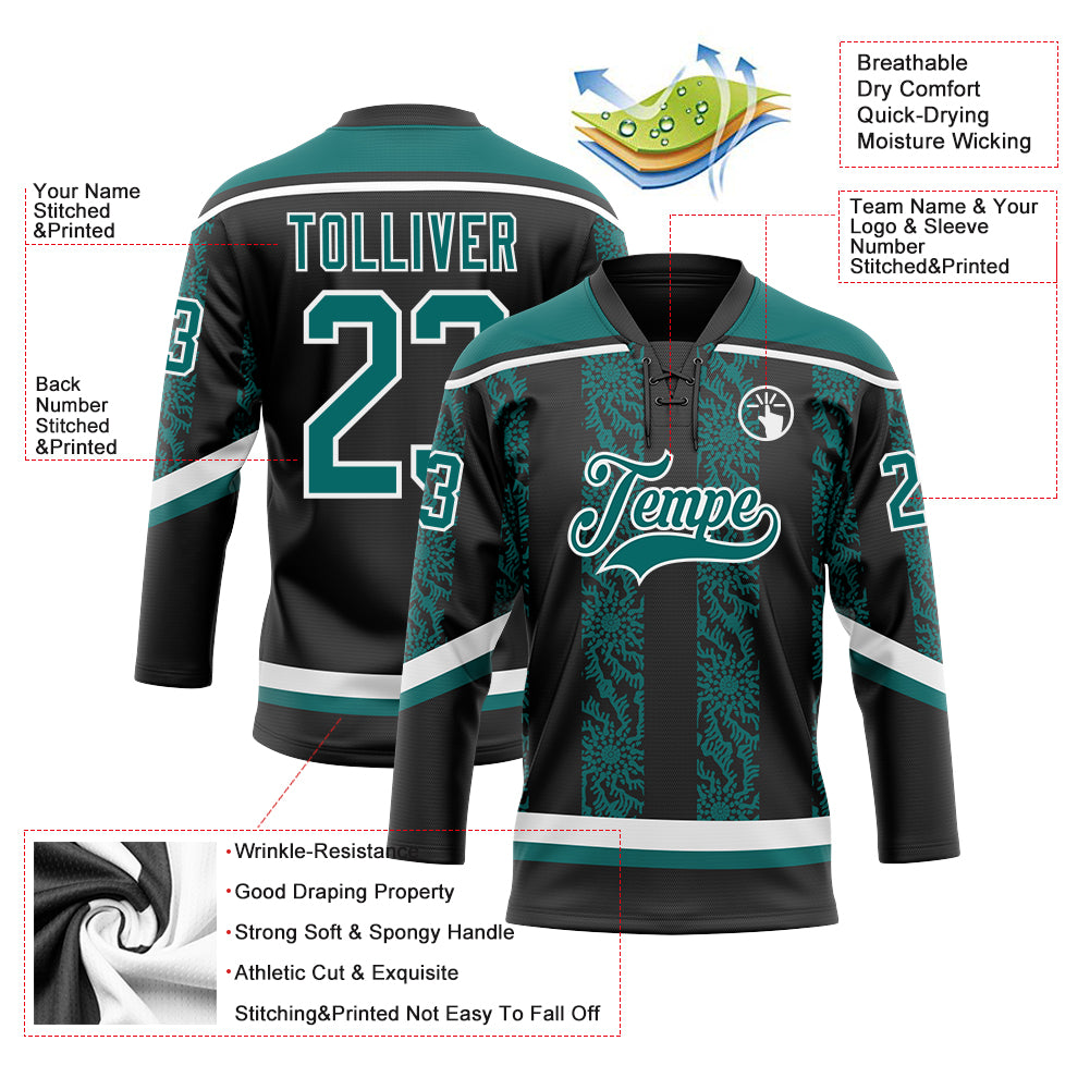 Custom Black Teal-White 3D Pattern Abstract Shape Hockey Lace Neck Jersey