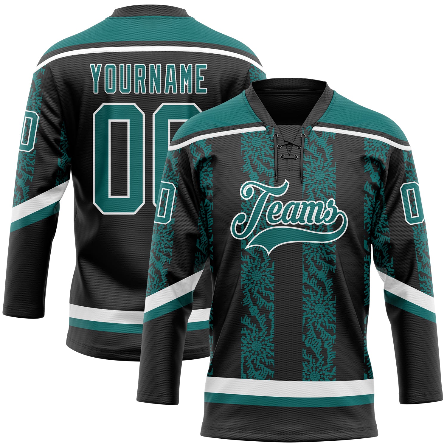 Custom Black Teal-White 3D Pattern Abstract Shape Hockey Lace Neck Jersey