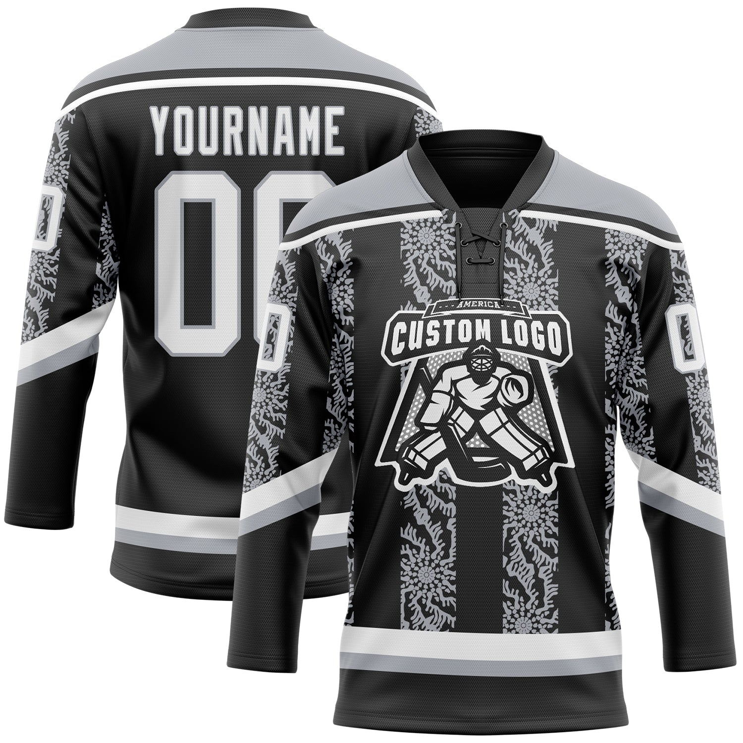 Custom Black White-Gray 3D Pattern Abstract Shape Hockey Lace Neck Jersey