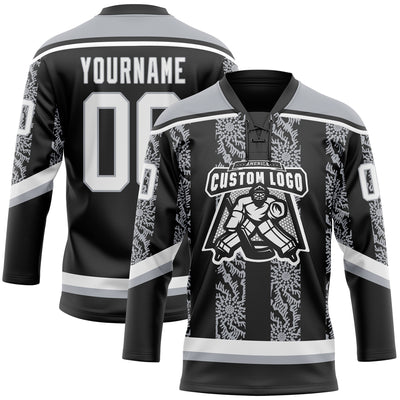 Custom Black White-Gray 3D Pattern Abstract Shape Hockey Lace Neck Jersey