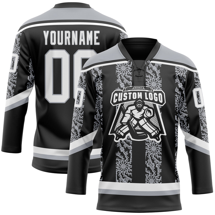 Custom Black White-Gray 3D Pattern Abstract Shape Hockey Lace Neck Jersey