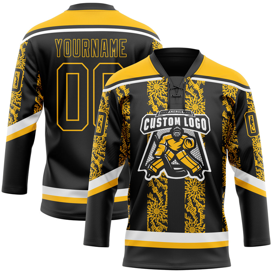 Custom Black Gold-White 3D Pattern Abstract Shape Hockey Lace Neck Jersey