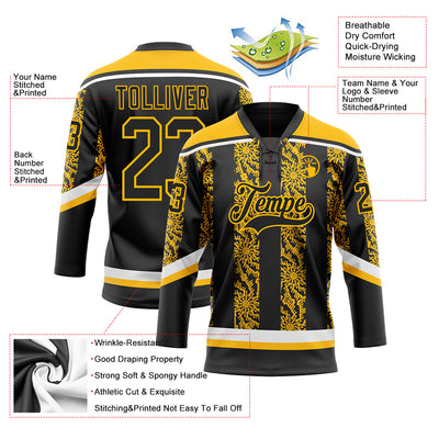 Custom Black Gold-White 3D Pattern Abstract Shape Hockey Lace Neck Jersey