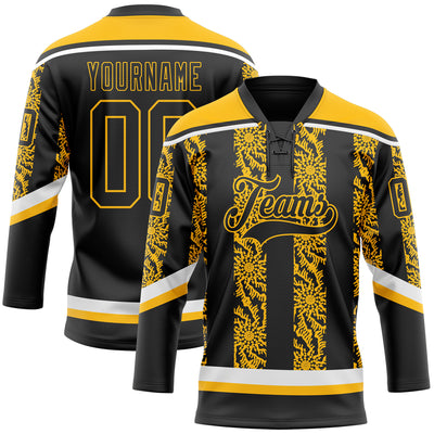 Custom Black Gold-White 3D Pattern Abstract Shape Hockey Lace Neck Jersey