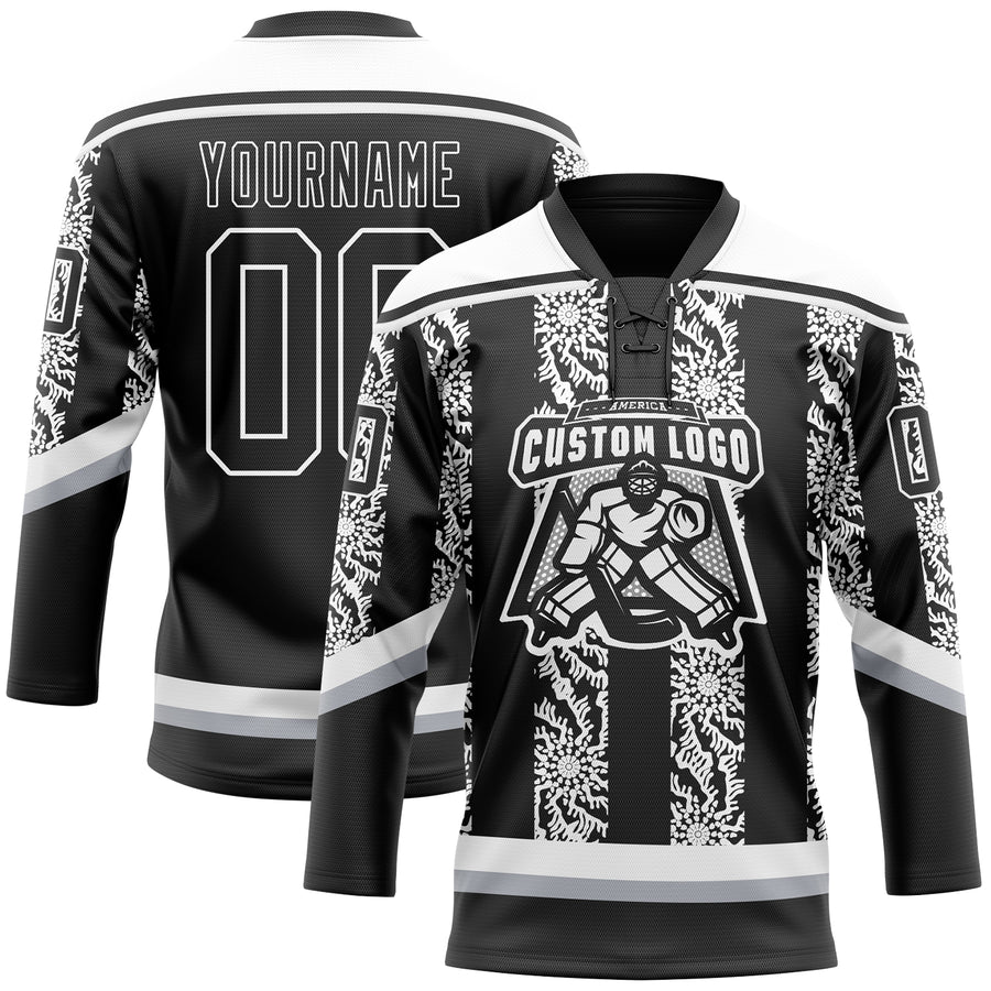 Custom Black Gray-White 3D Pattern Abstract Shape Hockey Lace Neck Jersey