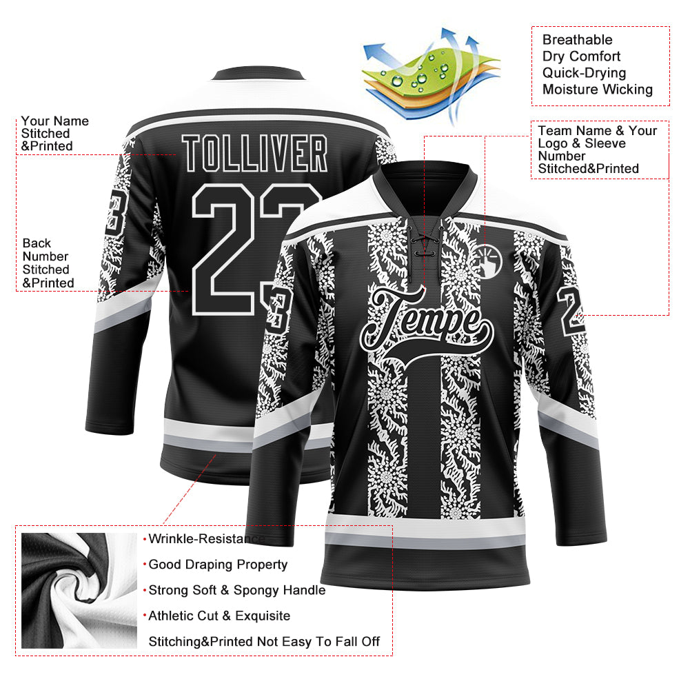 Custom Black Gray-White 3D Pattern Abstract Shape Hockey Lace Neck Jersey