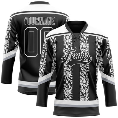 Custom Black Gray-White 3D Pattern Abstract Shape Hockey Lace Neck Jersey