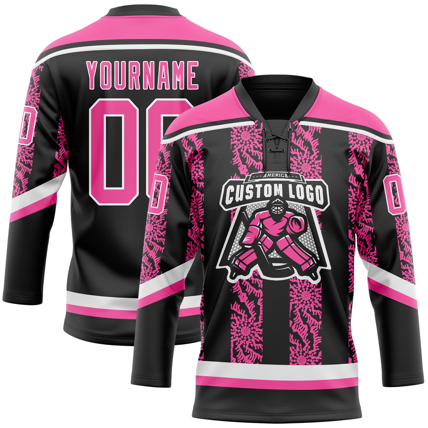 Custom Black Pink-White 3D Pattern Abstract Shape Hockey Lace Neck Jersey