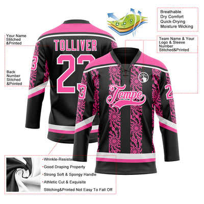 Custom Black Pink-White 3D Pattern Abstract Shape Hockey Lace Neck Jersey