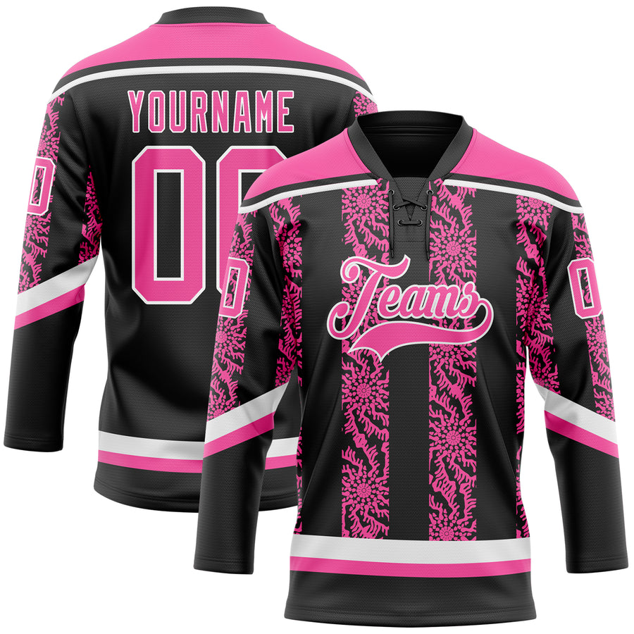 Custom Black Pink-White 3D Pattern Abstract Shape Hockey Lace Neck Jersey