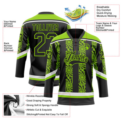 Custom Black Neon Green-White 3D Pattern Abstract Shape Hockey Lace Neck Jersey