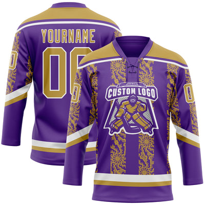 Custom Purple Old Gold-White 3D Pattern Abstract Shape Hockey Lace Neck Jersey