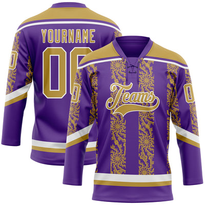 Custom Purple Old Gold-White 3D Pattern Abstract Shape Hockey Lace Neck Jersey