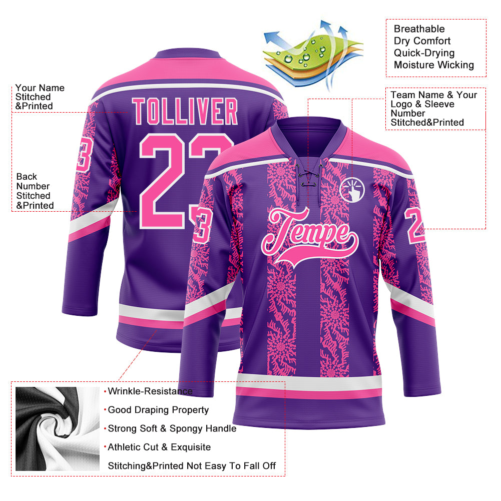 Custom Purple Pink-White 3D Pattern Abstract Shape Hockey Lace Neck Jersey