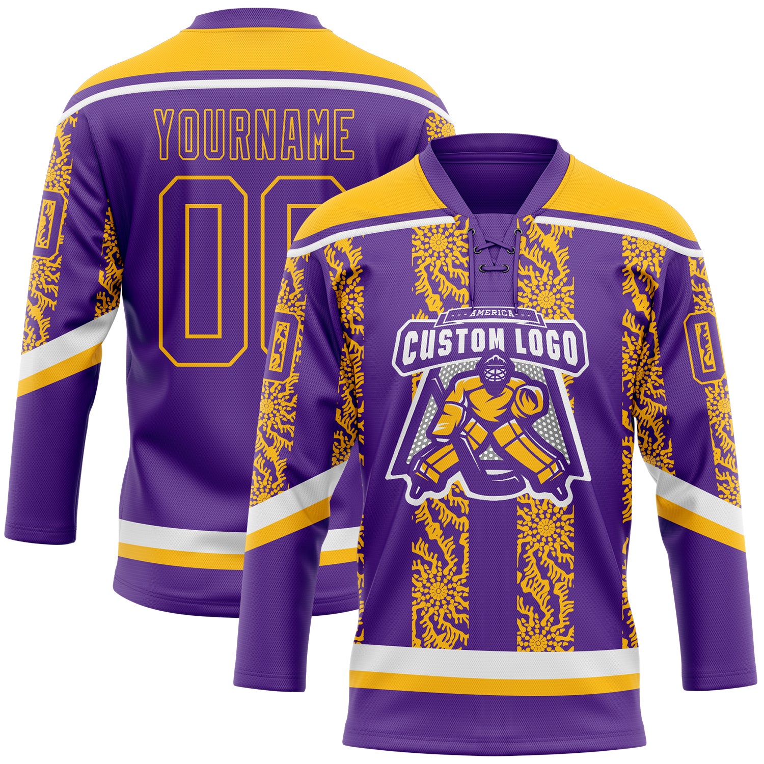 Custom Purple Gold-White 3D Pattern Abstract Shape Hockey Lace Neck Jersey