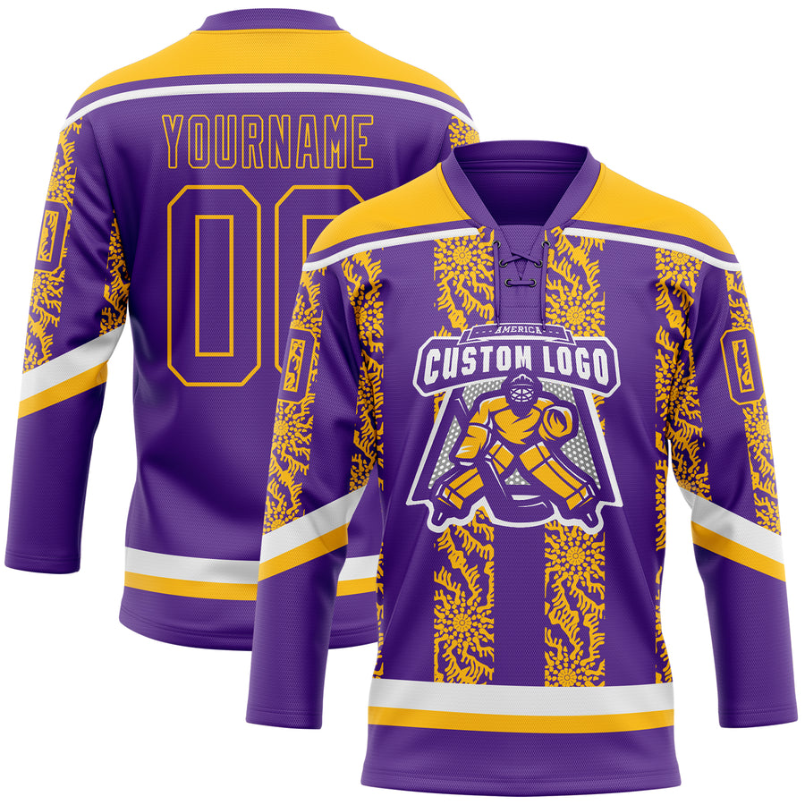 Custom Purple Gold-White 3D Pattern Abstract Shape Hockey Lace Neck Jersey