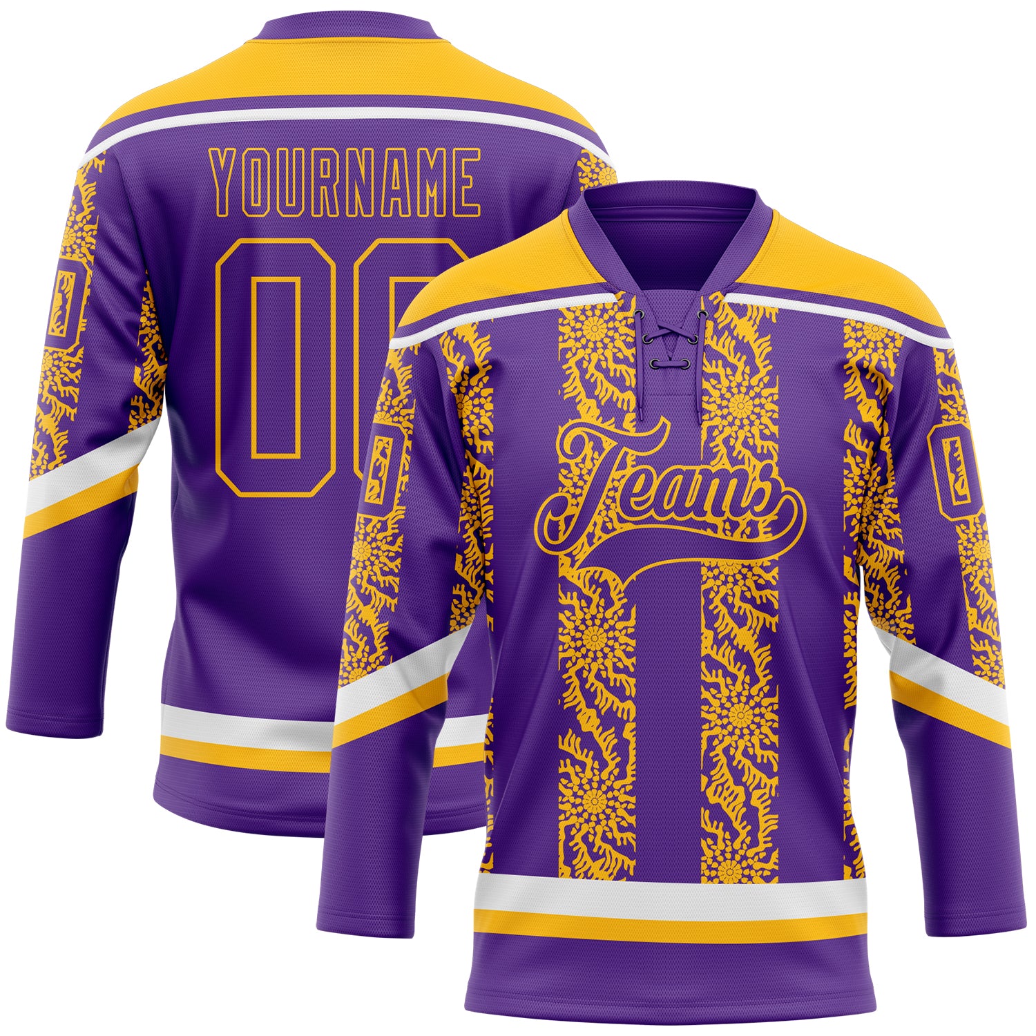 Custom Purple Gold-White 3D Pattern Abstract Shape Hockey Lace Neck Jersey