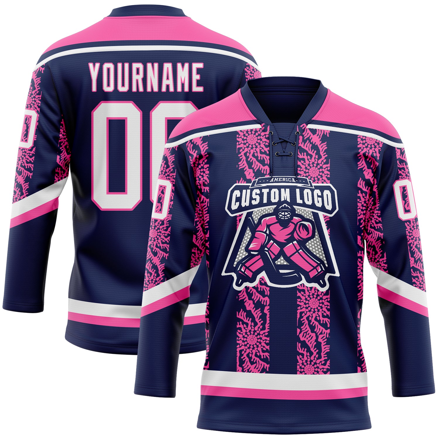 Custom Navy White-Pink 3D Pattern Abstract Shape Hockey Lace Neck Jersey