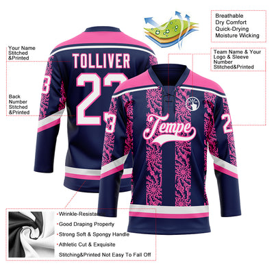 Custom Navy White-Pink 3D Pattern Abstract Shape Hockey Lace Neck Jersey