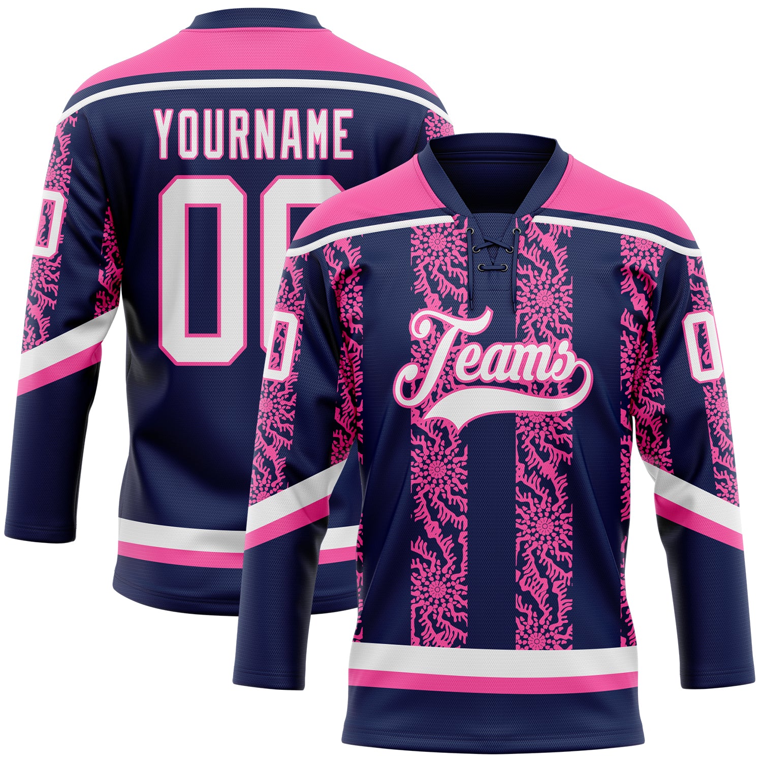 Custom Navy White-Pink 3D Pattern Abstract Shape Hockey Lace Neck Jersey