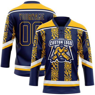 Custom Navy Gold-White 3D Pattern Abstract Shape Hockey Lace Neck Jersey