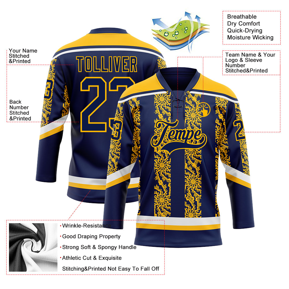 Custom Navy Gold-White 3D Pattern Abstract Shape Hockey Lace Neck Jersey