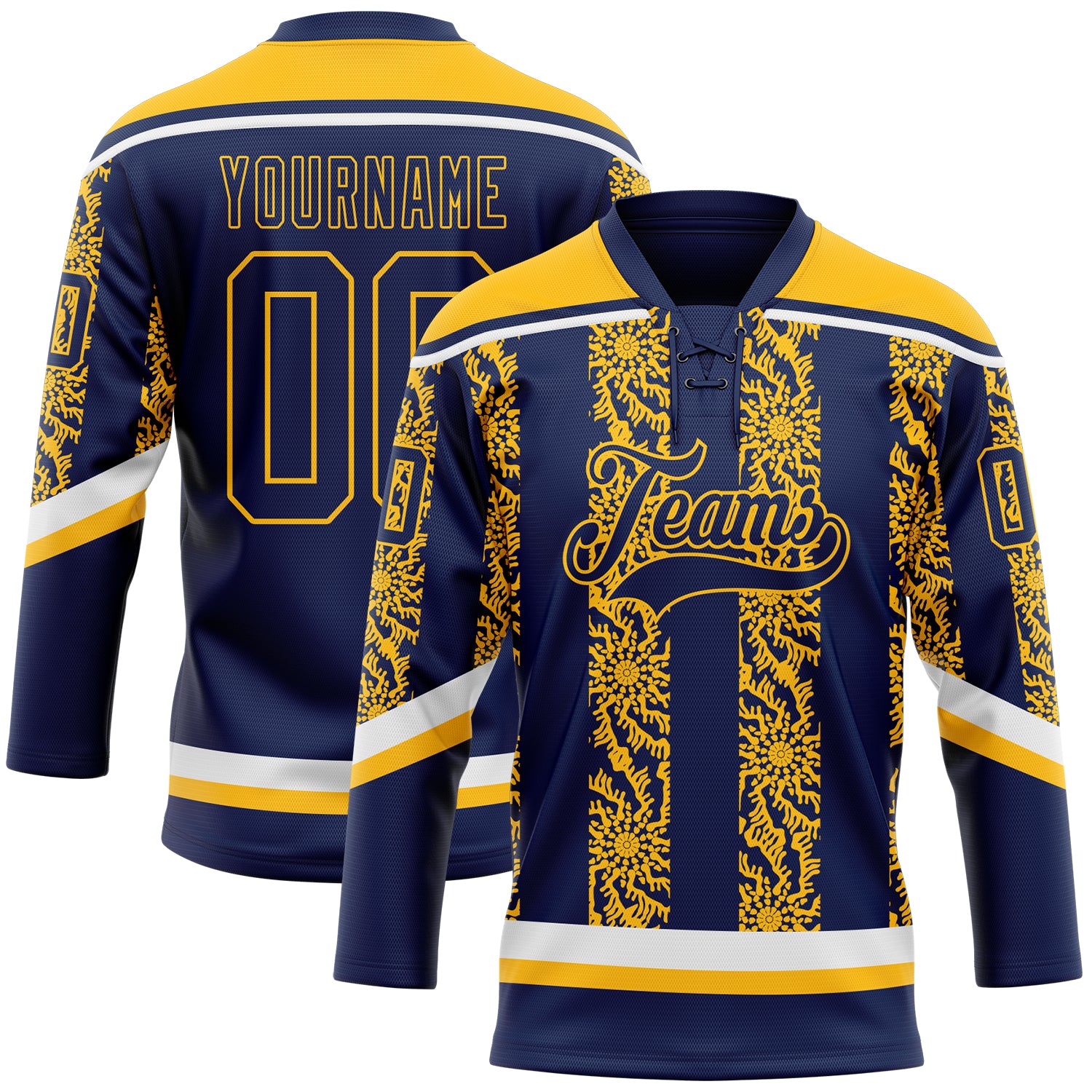 Custom Navy Gold-White 3D Pattern Abstract Shape Hockey Lace Neck Jersey