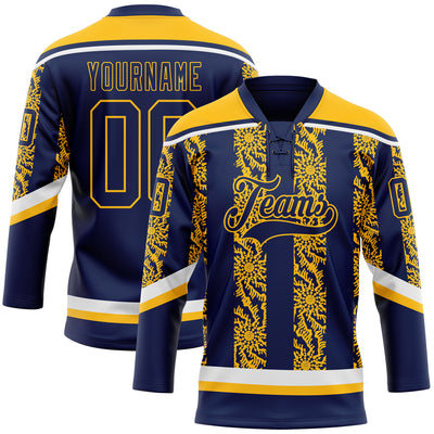 Custom Navy Gold-White 3D Pattern Abstract Shape Hockey Lace Neck Jersey