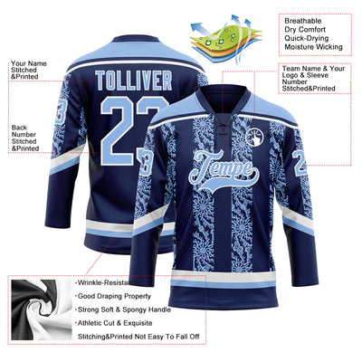 Custom Navy Light Blue-White 3D Pattern Abstract Shape Hockey Lace Neck Jersey
