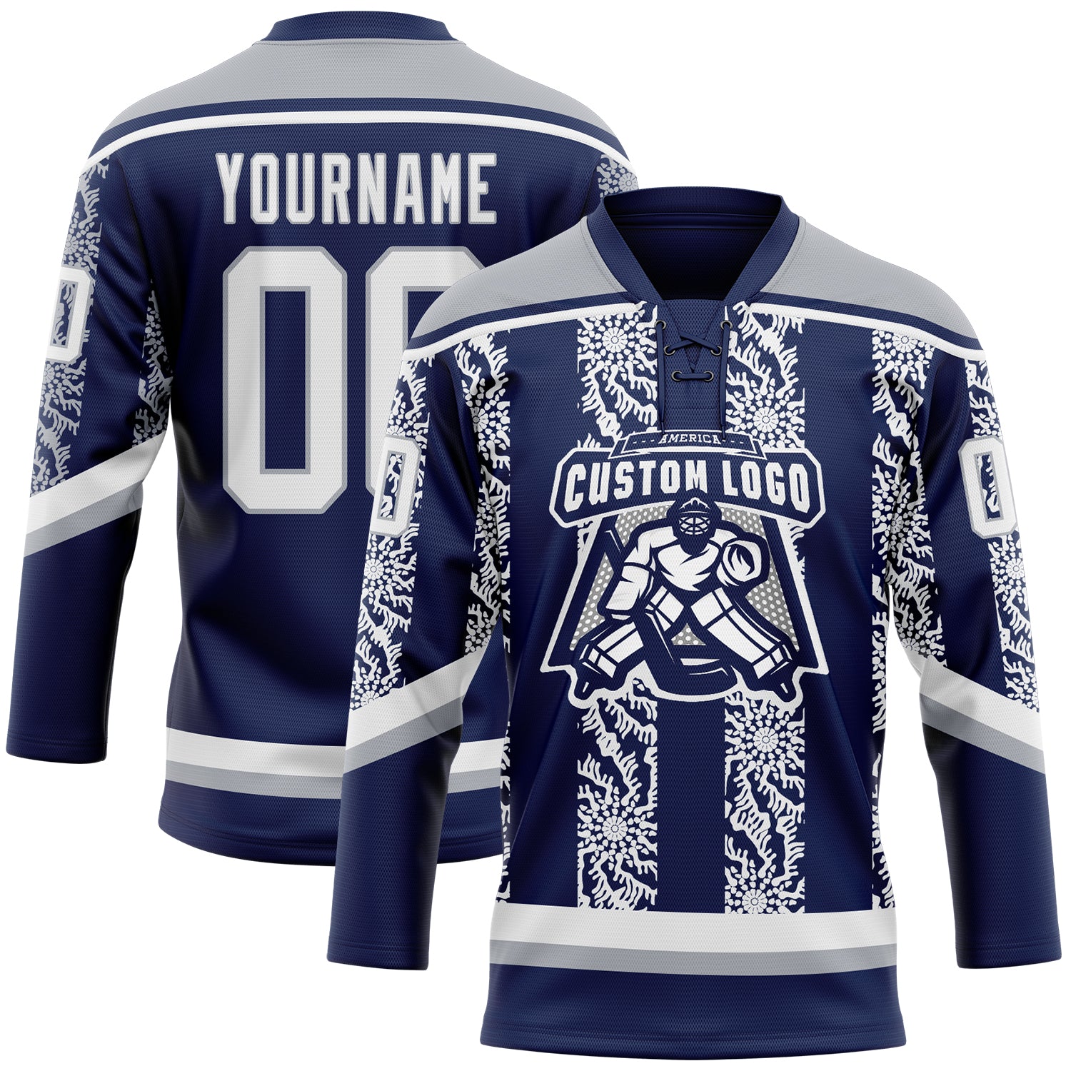 Custom Navy White-Gray 3D Pattern Abstract Shape Hockey Lace Neck Jersey