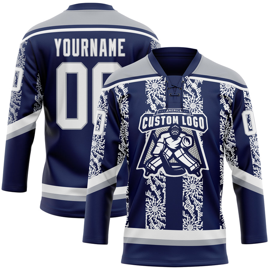 Custom Navy White-Gray 3D Pattern Abstract Shape Hockey Lace Neck Jersey