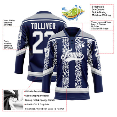 Custom Navy White-Gray 3D Pattern Abstract Shape Hockey Lace Neck Jersey